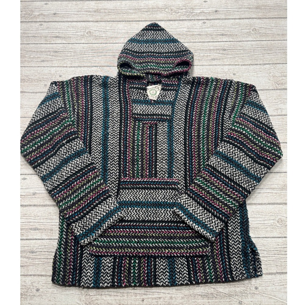 Baja Joe Hoodie Mens XL Black Multicolor Striped Woven Mexican Drug Rug Pullover